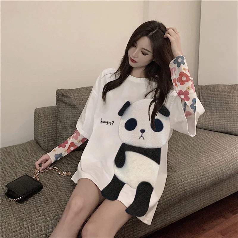 

Ladies Cartoon Embroidery 2021 Summer Korean Version Of The New Mid-length Short-Sleeved T-Shirt Women N133