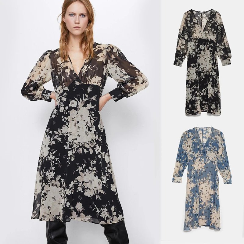 Женское длинное платье с цветочным принтом Za облегающее черное винтажное