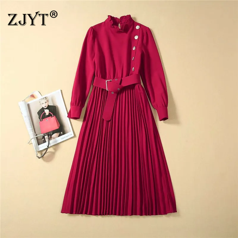 Autumn Lady Elegant Dress High Quality Women's Runway Designer Long Sleeve Pleated Vintage Casual Party Dresses Female Vestidos | Женская