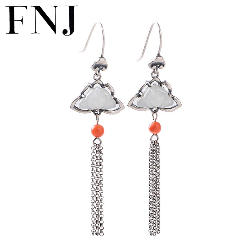 

FNJ Hetian Jade Lotus Tassel Earrings 925 Silver Original Pure S925 Sterling Silver Drop Earring for Women Jewelry Red Agate