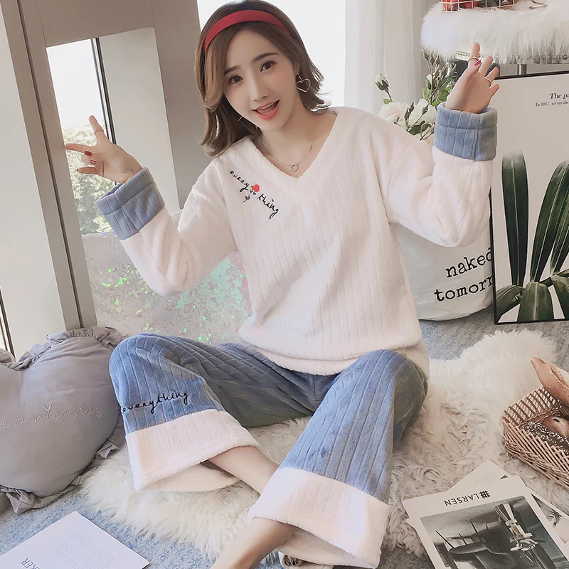 

Thick Flannel Pajamas For Women 2021 Autumn Winter Warm Pyjamas Sets Lady Coral Velvet Long Sleeve Solid Sweet Sleepwear Suit