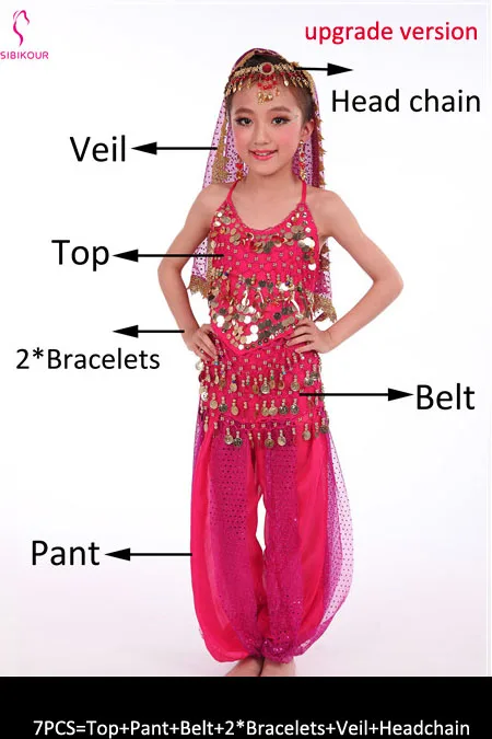 Rose Red 7pcs 8 цветов детский набор костюма для танца живота Восточные Танцевальные костюмы для девочек Египетский Болливуд индийский танец живота одежда - Цвет: Rose Red 7pcs