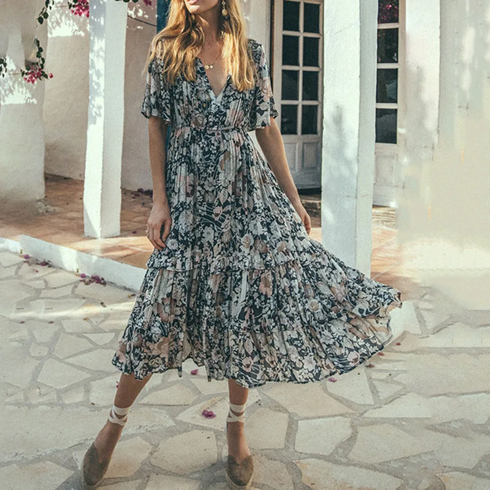 Летнее богемное Макси Платье Пляжное женское платье с коротким рукавом и высокой