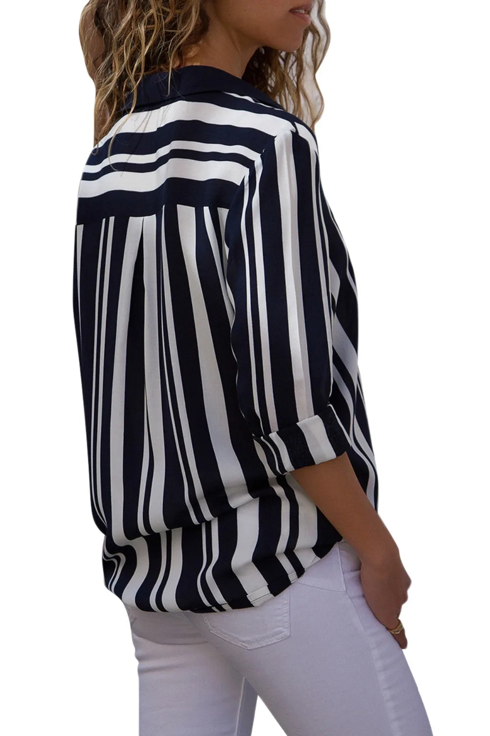 Контрастная Повседневная рубашка полосатая строчка воротник длинный рукав