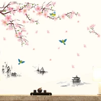 chinese style decoration wall stickers ink painting peach blossom landscape wallpaper living room sofa background home sticker