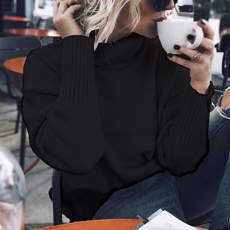 Womens Tops Ladies Sweater Long Sleeve Jumper Fashion Baggy Outwear Solid Turtle Neck Coat | Женская одежда