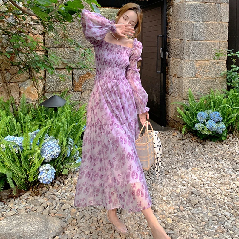 

Autumn Retro Puff Sleeve Floral Beach Holiday Maxi Dress Ladies Elegant Robe Casual Square Collar French Romantic Vacation Dress