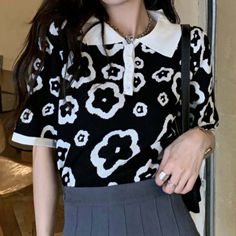 Sungtin элегантные милые цветочные Вязаные Короткие рубашки женские винтажные