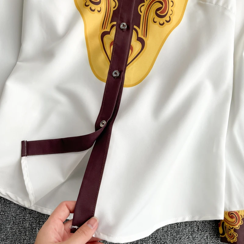 

Women Design Print Blouse Retro Turndown-Collar Long Sleeve Button White Tops Spring Korean Fashion Streetwear Blouses