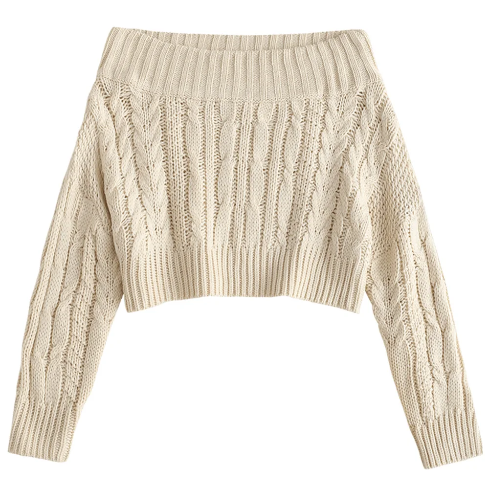 ZAFUL Chunky Cable Knit Off The Shoulder Neckline Sweater Long Sleeves Loose Striped Female Pullovers Elastic Autumn Winter Warm | Женская