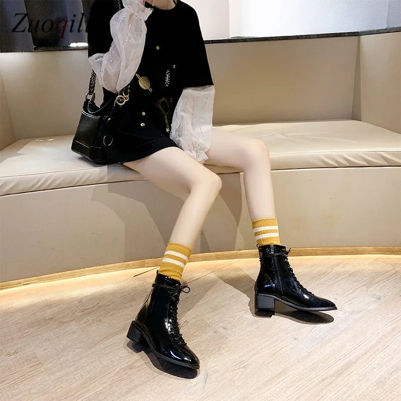 Retro Lace Up Motorcycle Boots Patent Leather women shoes ladies boots black Martin Boot Low Heel Short Cowboy Shoes |