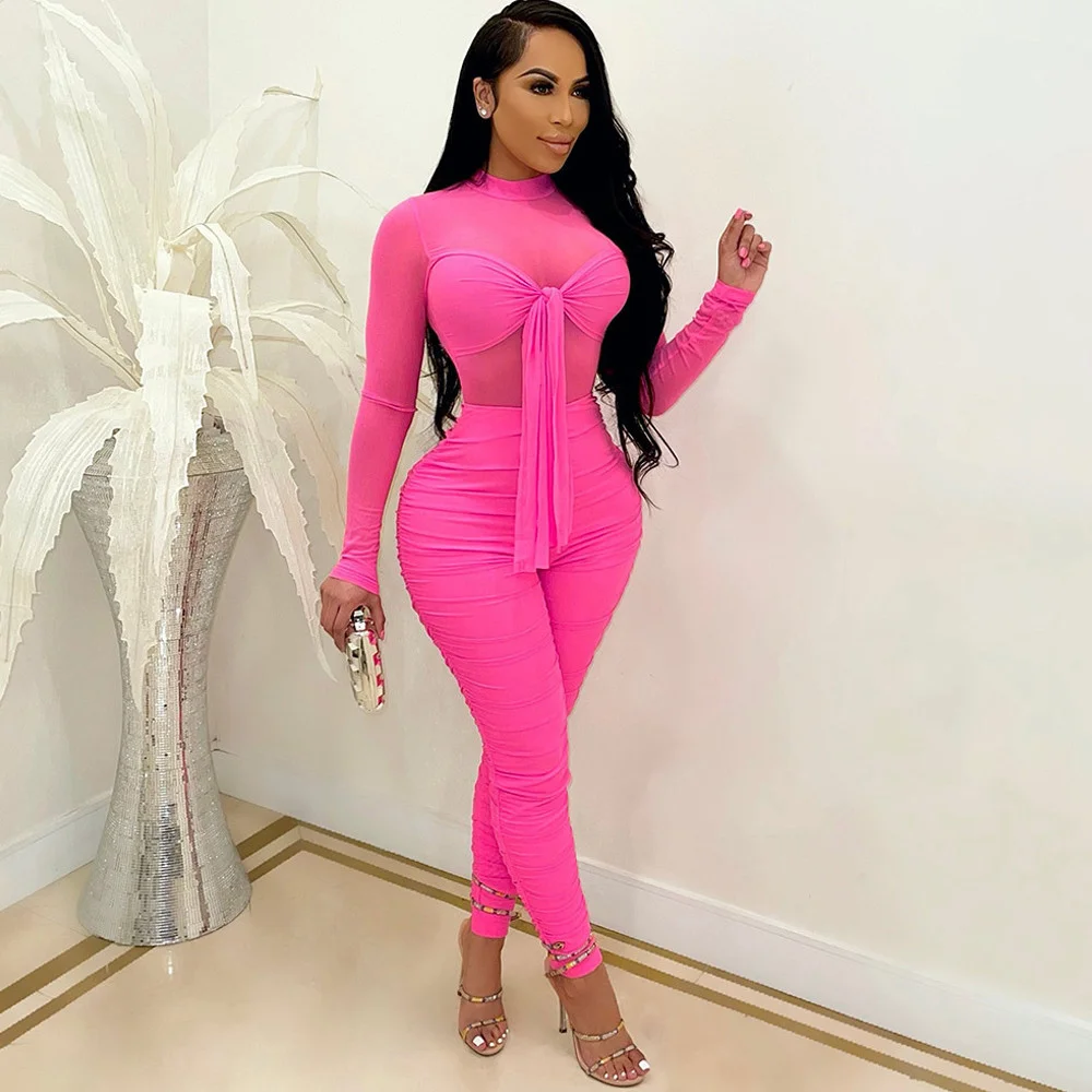 

Sheer Mesh Bow Tie Spliced Bodycon Pleated Romper Women Long Sleeve See Through Skinny Jumpsuit Summer Y2K Clothes Club Outfit