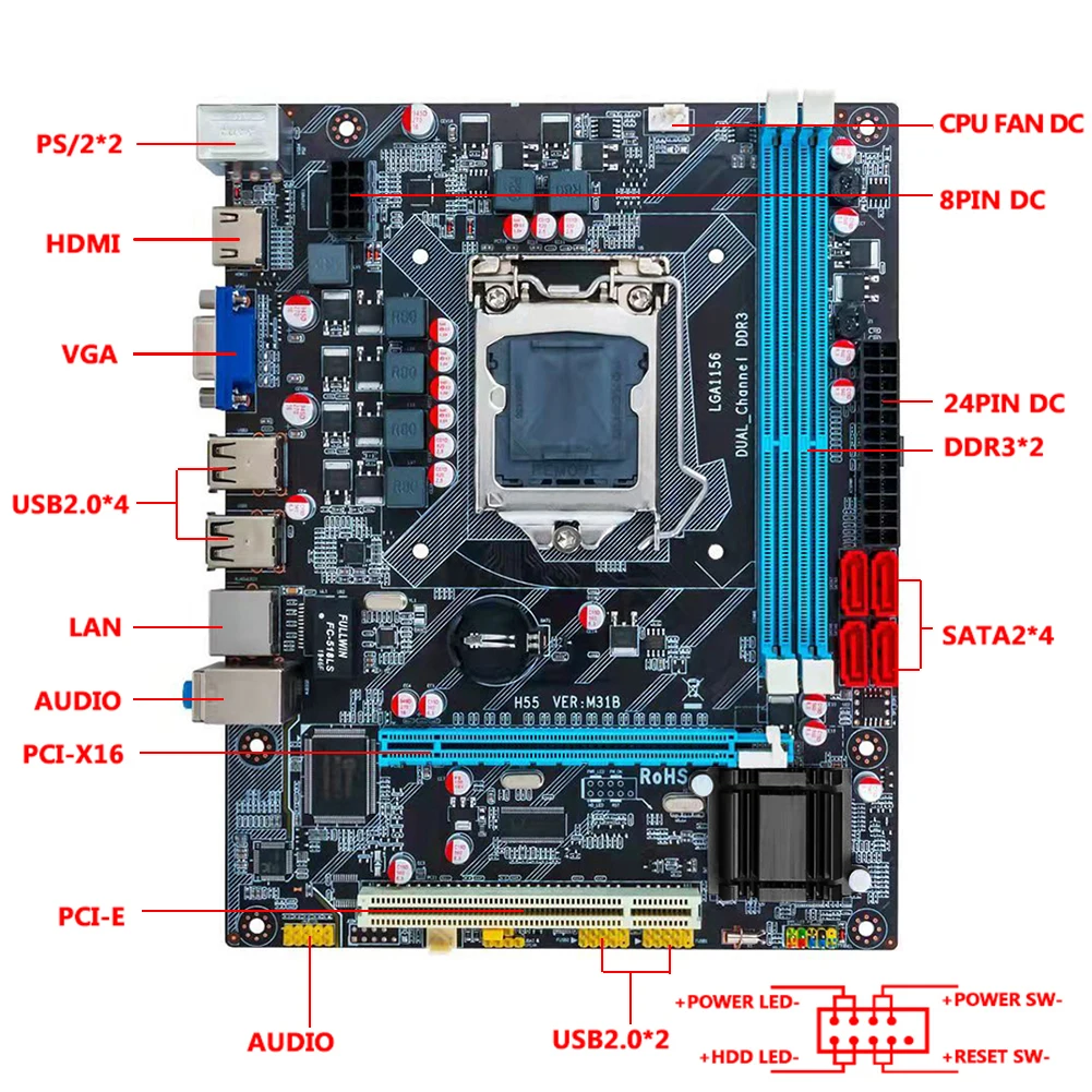 Комплект материнской платы H55 с процессором Intel Core i5-760 + 2X DDR3 4 Гб (8 ГБ) Память