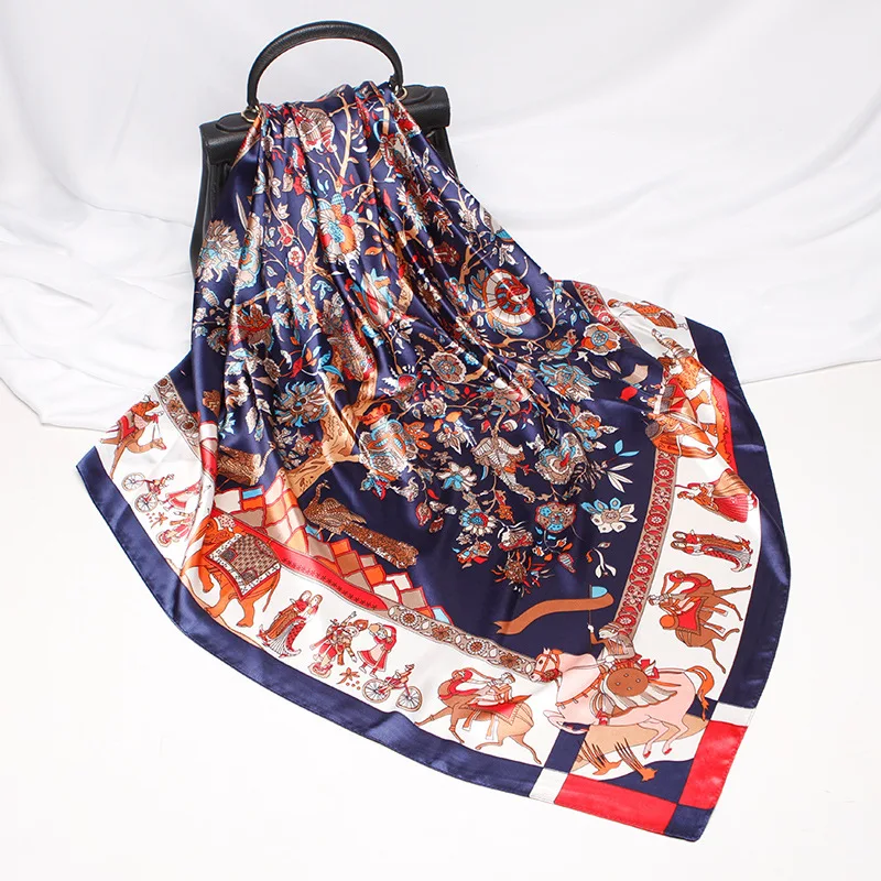 

2020 90x90 Flower Satin Multipurpose women Silk twill scarf Satin square tie Hairband ladies foulard femme towel bufanda shawl