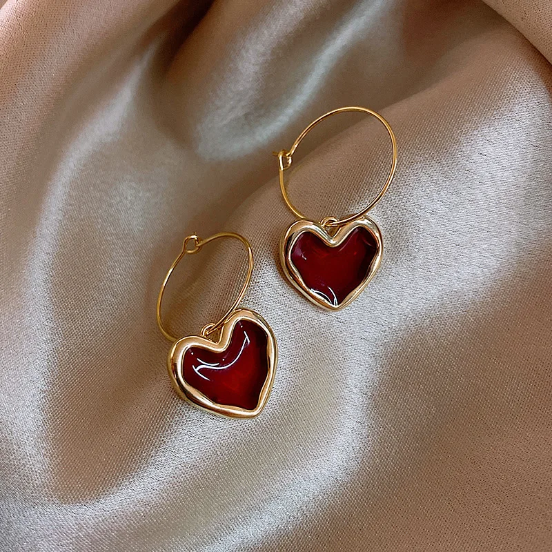 

2021 Trendy Claret-Red Love Heart Drop Earring For Women Girls Luxury Temperamental Earring Jewelry Accessory Engagement Party