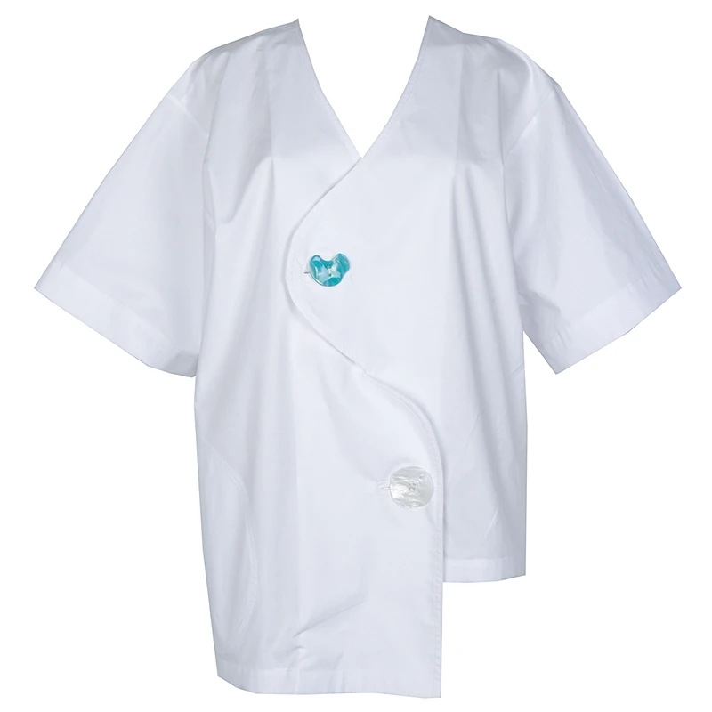 

XITAO White Simple Blouse Women Loose Fashion All Match Irregular Button 2020 New Summer Casual Cardigan Shirt Goddess ZP1631