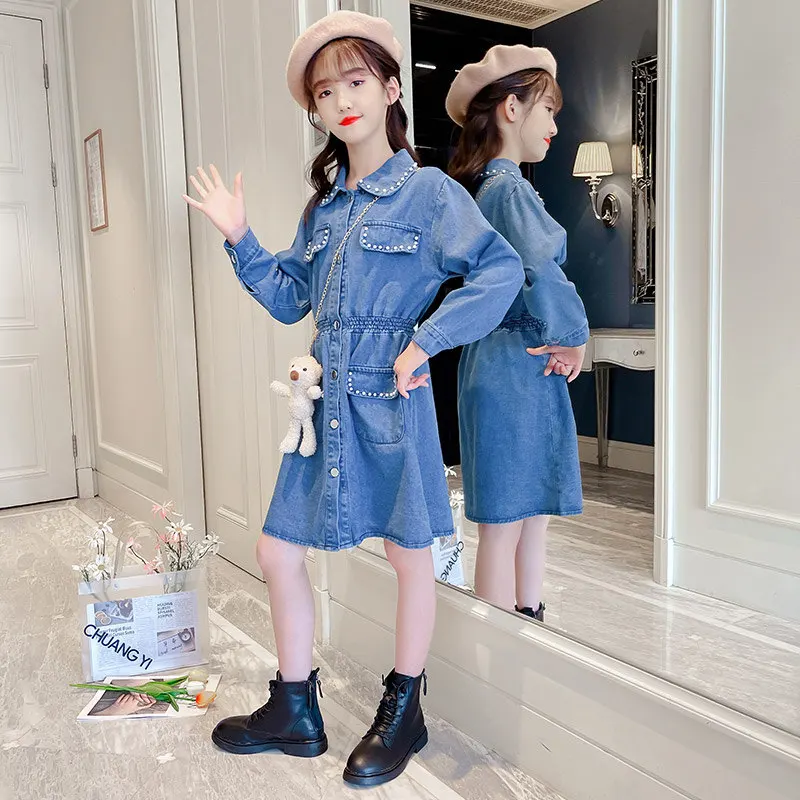 

Teen Girls Trench Coat Europe and America Denim Dresses Coat Single-Breasted Spring Autumn New Casual Jackets for Kids 5-14Years