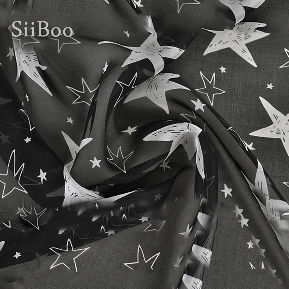 Black white star print 100% natural silk chiffon fabric for beach dress pure tissu telas tecidos stoffen fabrc 6mm SP5192 | Дом и сад