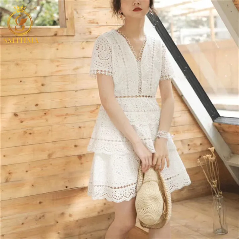 Женское кружевное платье SMTHMA белое с оборками и коротким рукавом лето 2019|Женские