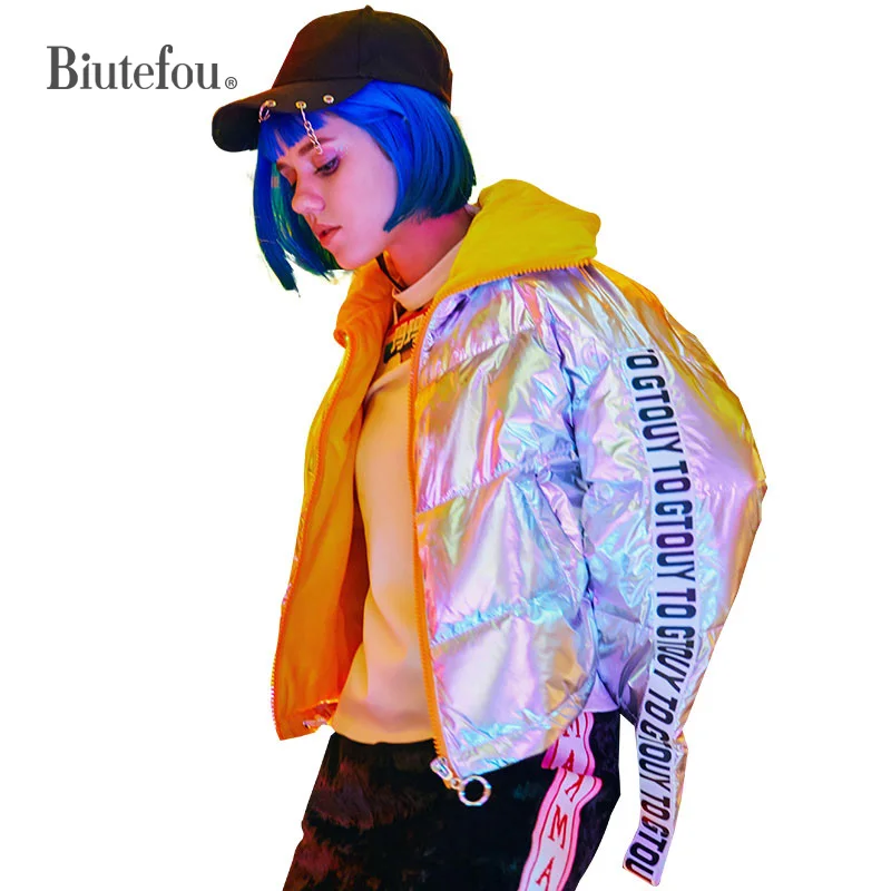 

2021 Winter Women Short Bright Ribbons Patch Designs Light Down Jackets