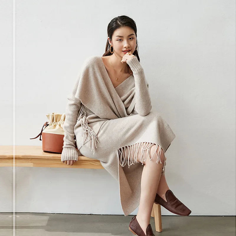 

Женский кашемировый Трикотажный костюм, юбка с высокой талией, V-образным вырезом и длинным рукавом, с кисточками