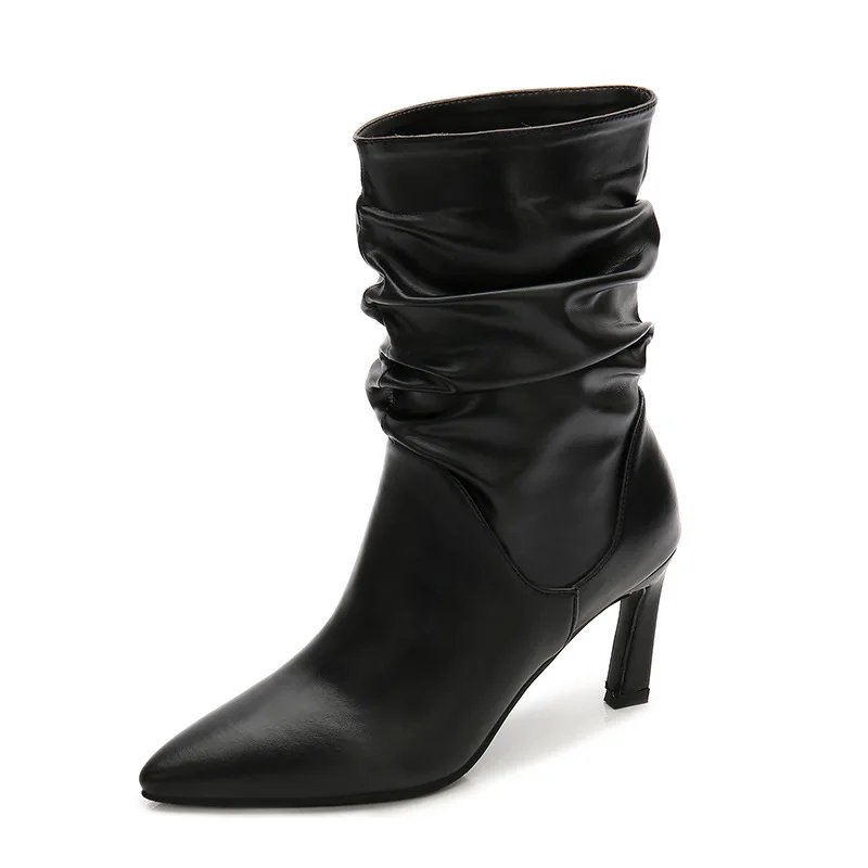 

2019 women's short leather boots autumn and winter new wrinkled middle leather boots solid color women's thin heel short boots