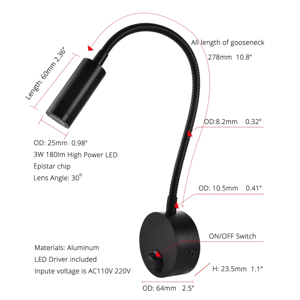 Светильник настенный LED для спальни, металлическая гибкая трубка, выключатель, внутреннее освещение, ночные светильники для комнаты для чтения на столе.