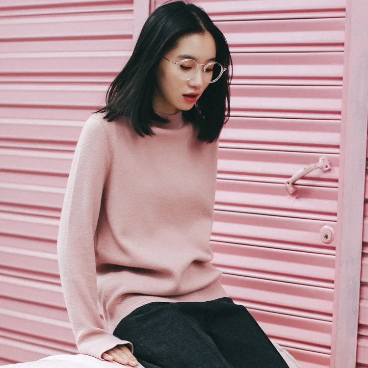 

Women 2021 New Soft Turtleneck Sweater Pink Color Long Sleeve Pullover Sweaters Top