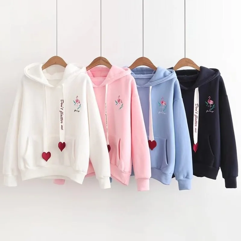

2021 Autumn &winter Fleece Sweater Ladies Embroidered Red-crowned Crane Love Ribbon T-shirt Long-sleeved Loose Pullover Sweater