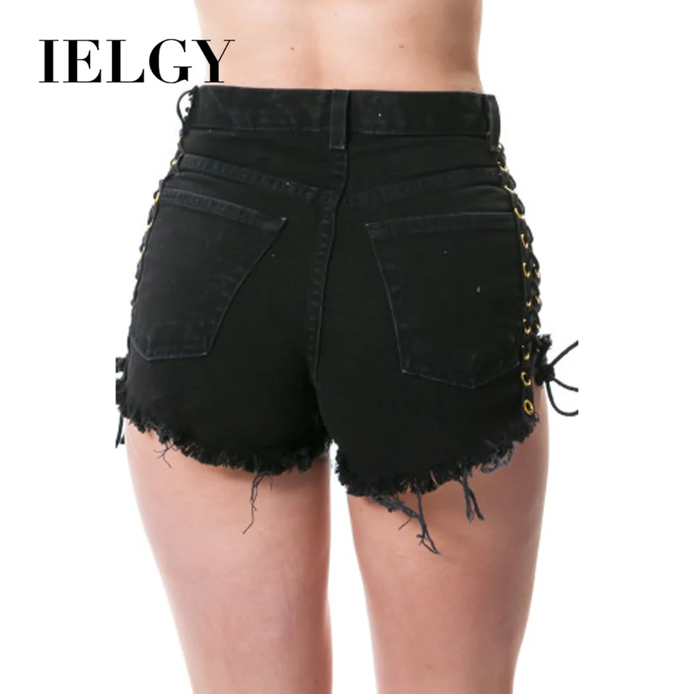 

IELGY Denim shorts female fashion sexy outside lace up trend wild hip tassel outfit black