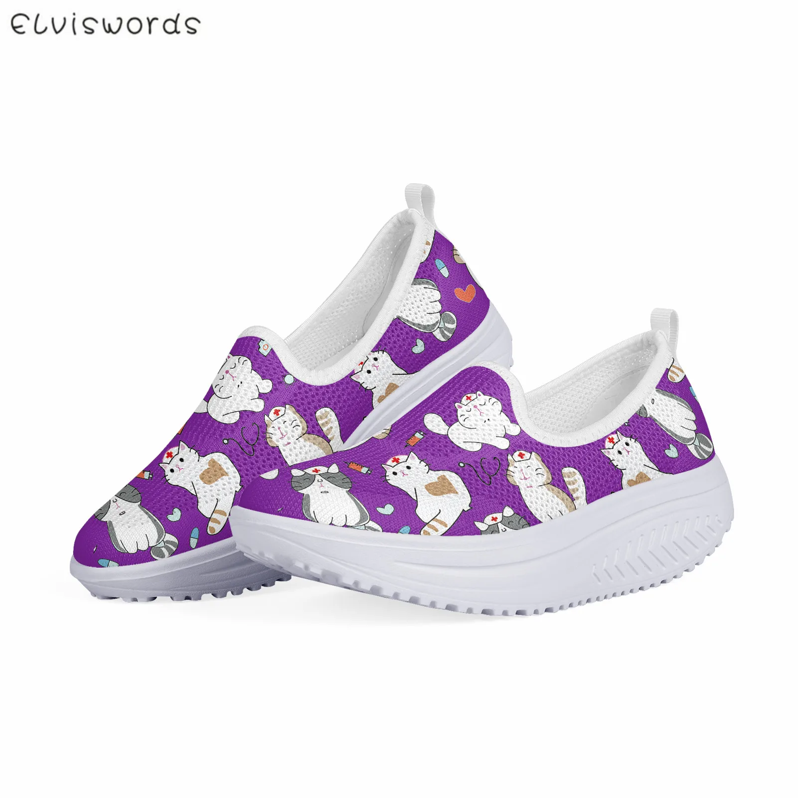 

ELVISWORDS Summer Mesh Flats Platform Ladies Shoes 3D Cartoon Cat Design Height Increasing Female Swing Shoes Casual Sneakers