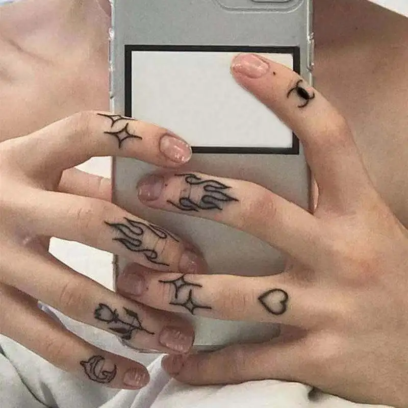 

Black Finger Temporary Tattoos For Men Women Hands Arm Body Art Flame Star Heart Fake Tatoo Stickers Cool Flash Decals Tattos