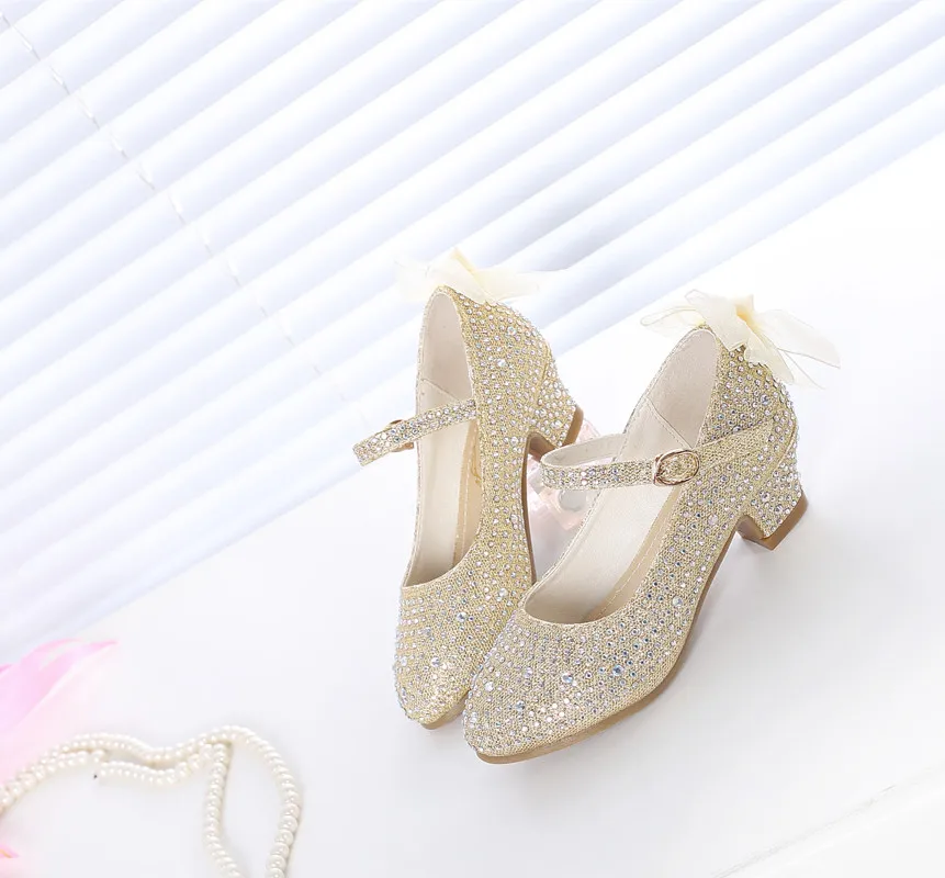 

Princess Kids Leather Shoes For Girls Flower Casual Glitter Children High Heel Girls Shoes Butterfly Knot Blue Pink Silver