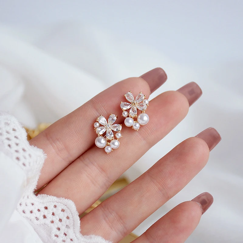 

New Trendy Charm 14K Real Gold Plated Flower Pearl Earrings for Women Jewelry AAA Zircon S925 Silver Needle Stud Party Fine Gift