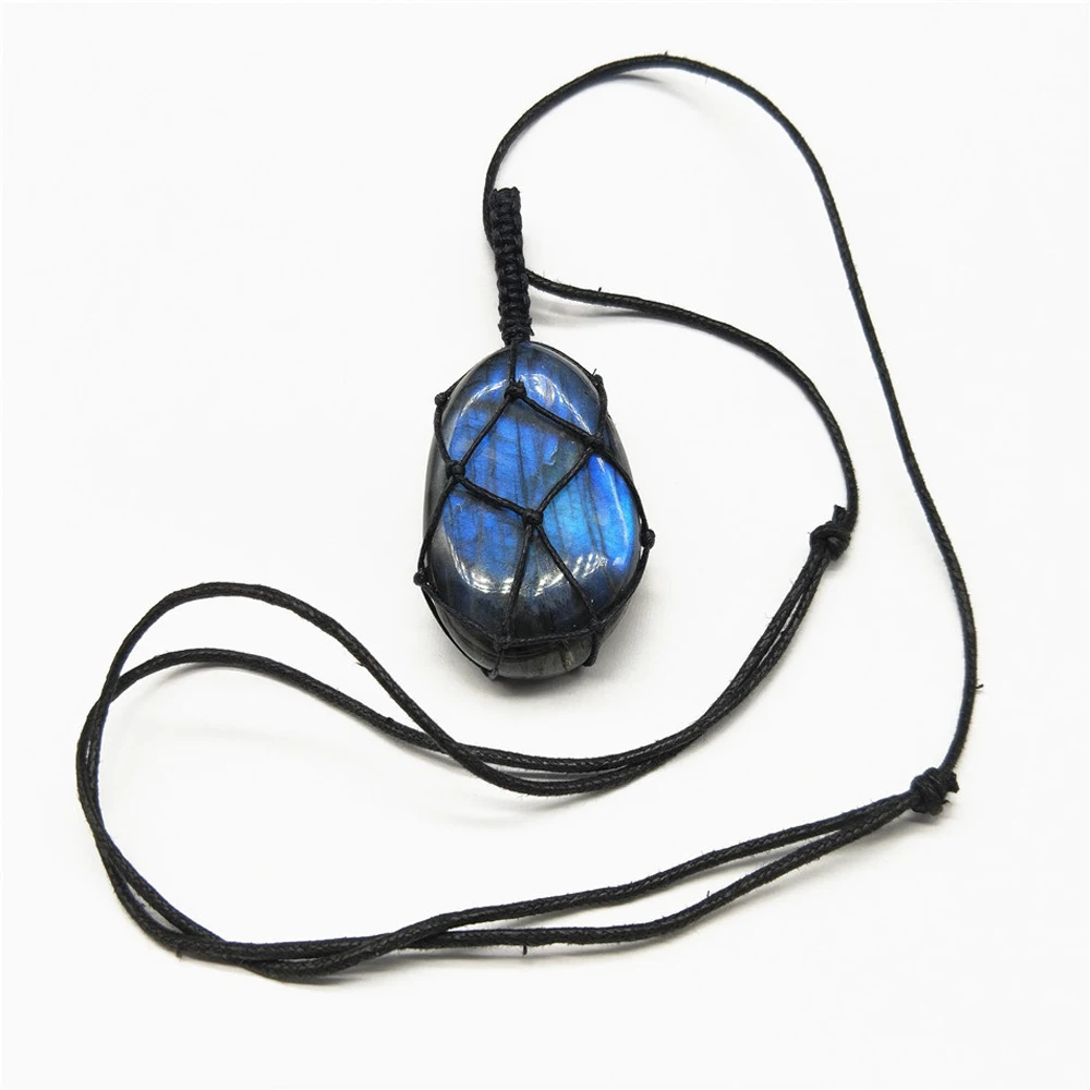 

Natural Stone Pendant Necklace Hand-woven Grid Wrap Stone Necklace Fashion Personality Unisex Energy Jewelry