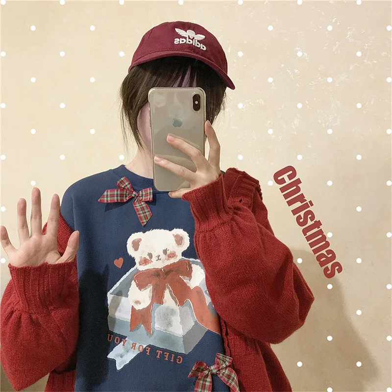

Autumn Spring Blue Christmas Students Hoodies Women Lovely Holiday Cute Loose Sweatshirts High Street Special Hoodie Bear Tops