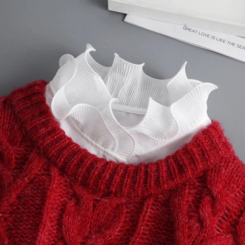 

Women 2Pcs Layered Ruffled Stand False Collar with Fake Sleeves Cuffs Wristband Set Button Down Detachable Half Shirt