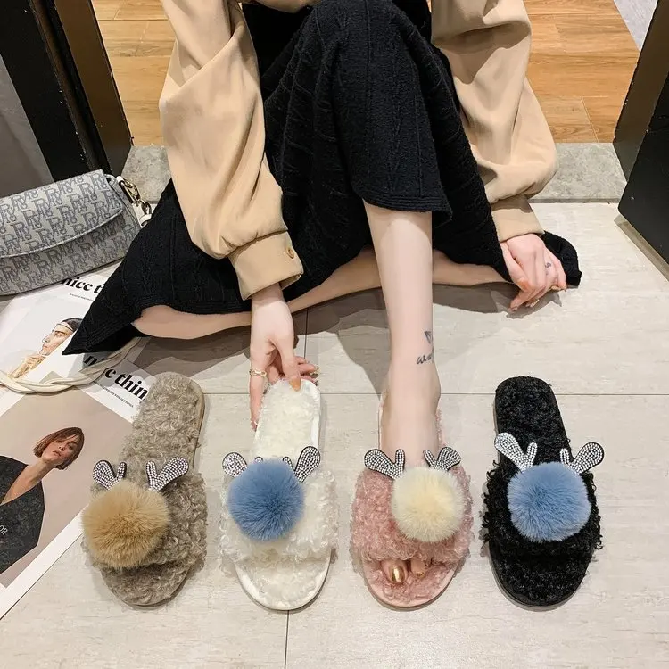 New Home Cute Warm Cotton Slippers Ladies Autumn and Winter Comfortable Slippers Furry Slippers Women Fashion Women's Shoes