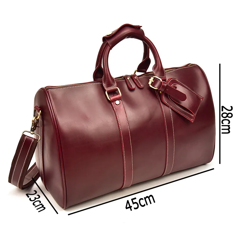 Genuine Leather Travel Bag Large Capacity fashion Men Women oil wax Leather Travel Duffel Cow leather Luggage weekend bag red