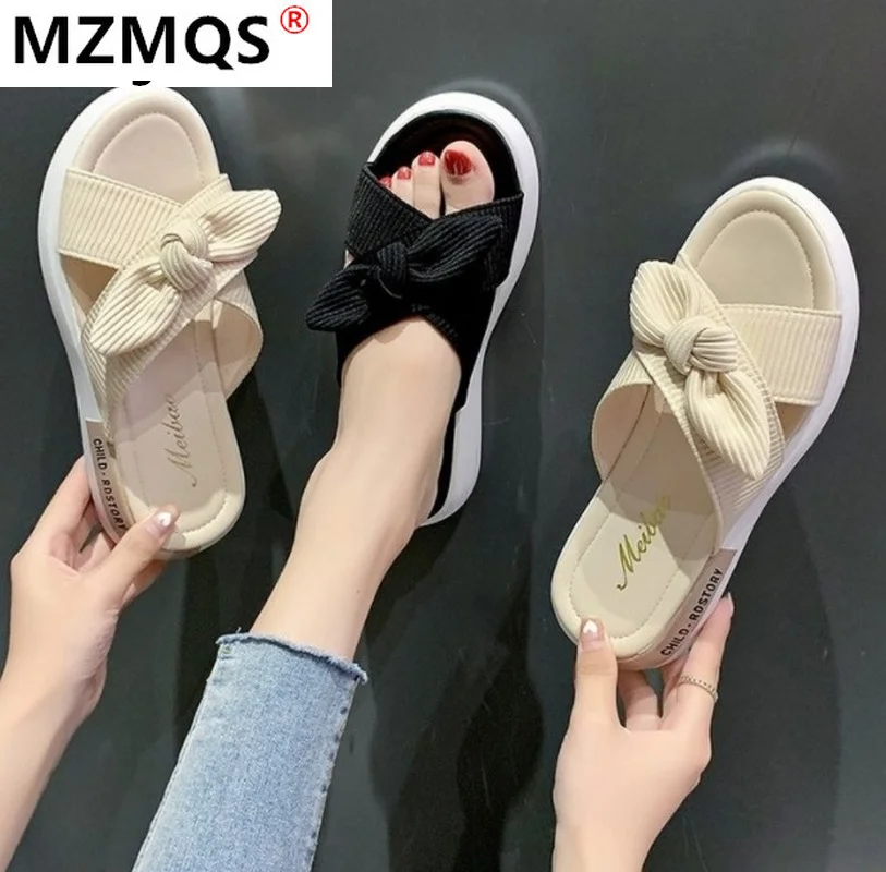

Summer House Slippers 2021 New Fashion Bow Open Toe Women Flat Slippers Soft Comfortable Outdoor Beach Casual Women's Sandals