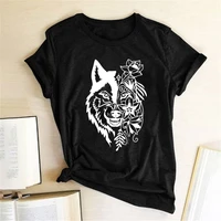 wolf flowers printed t shirts women summer graphic t shirts streetwear tops for teens short sleeve clothing femme mujer camiseta