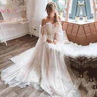 off shoulder wedding dresses 2022 full sleeves sweetheart a line court train dot tulle pleats bridal gowns elegant