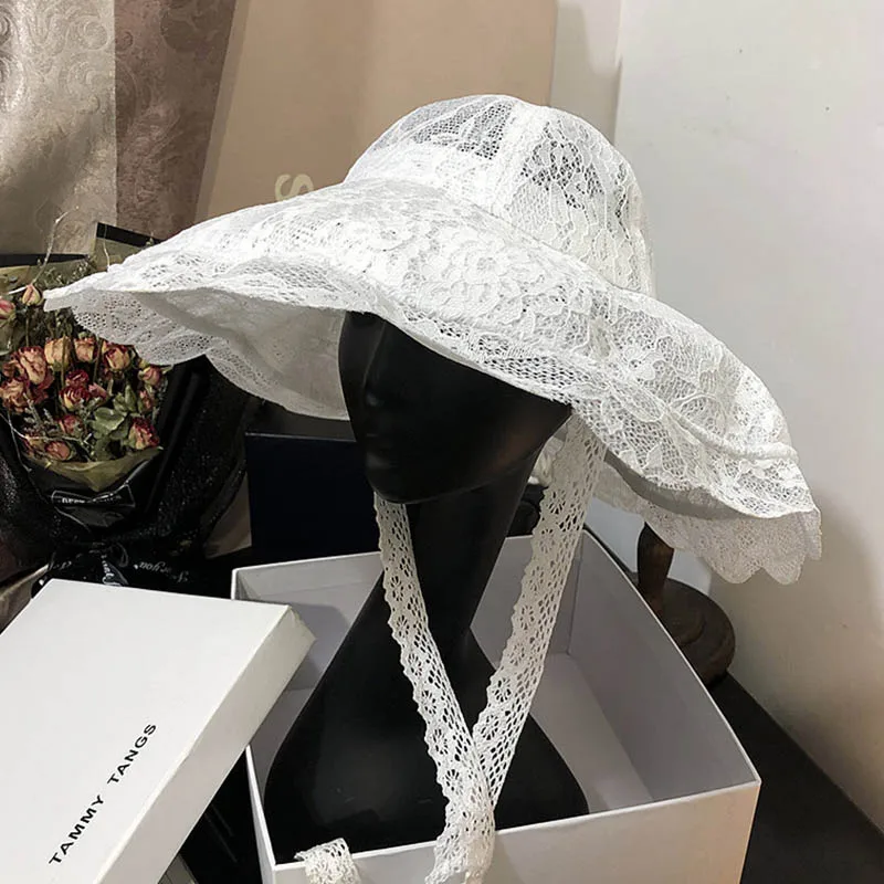 

New Floppy Lace Hat Summer Big Wide Brim Sun Hat White Black Lace Kentucky Derby Church Party Wedding Hats Packable Beach Hat