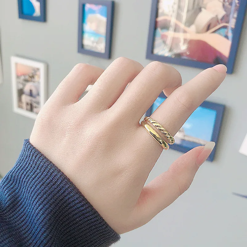 

New Fresh Temperament Simple Irregular Double-layer Smooth Wave Twist Rings Personality Geometric Opening Women Jewelry
