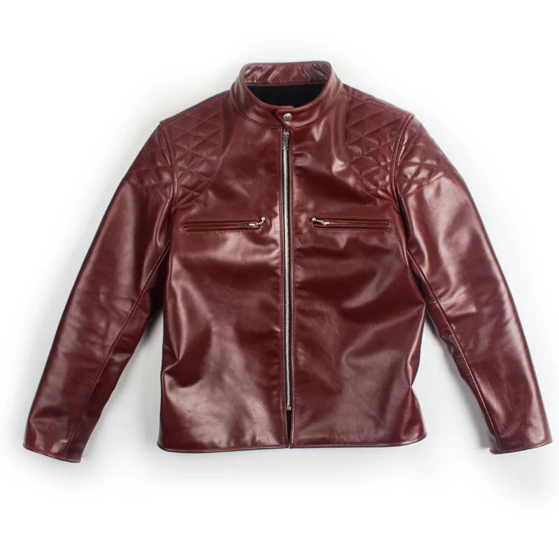 

Free classic Shipping,Engraved horseskin jacket.J100 slim horse hide coat.100% hard motor biker genuine leather jackets