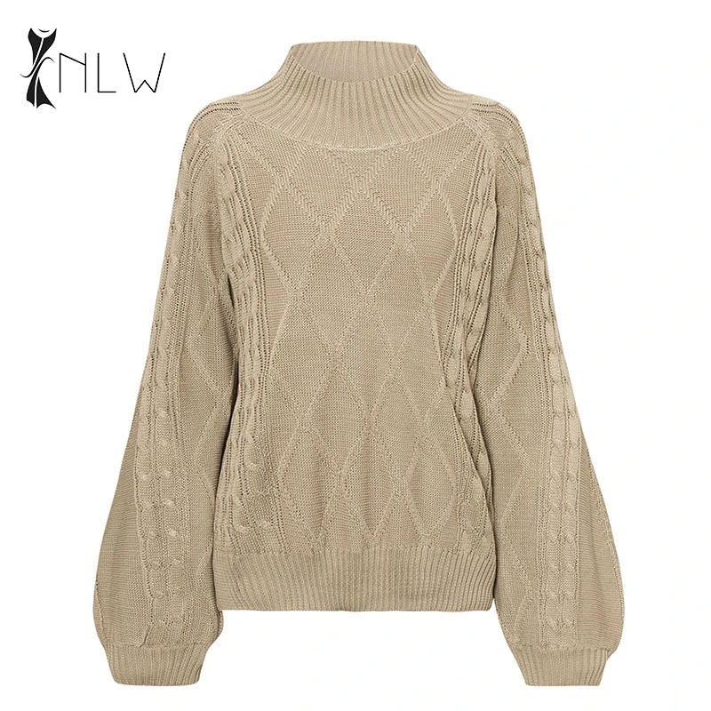 NLW Turtleneck Black Sweater Women Winter Oversized Knitted Sweater Jumper Fall Casual Lantern Sleeve Vintage Sueter Mujer
