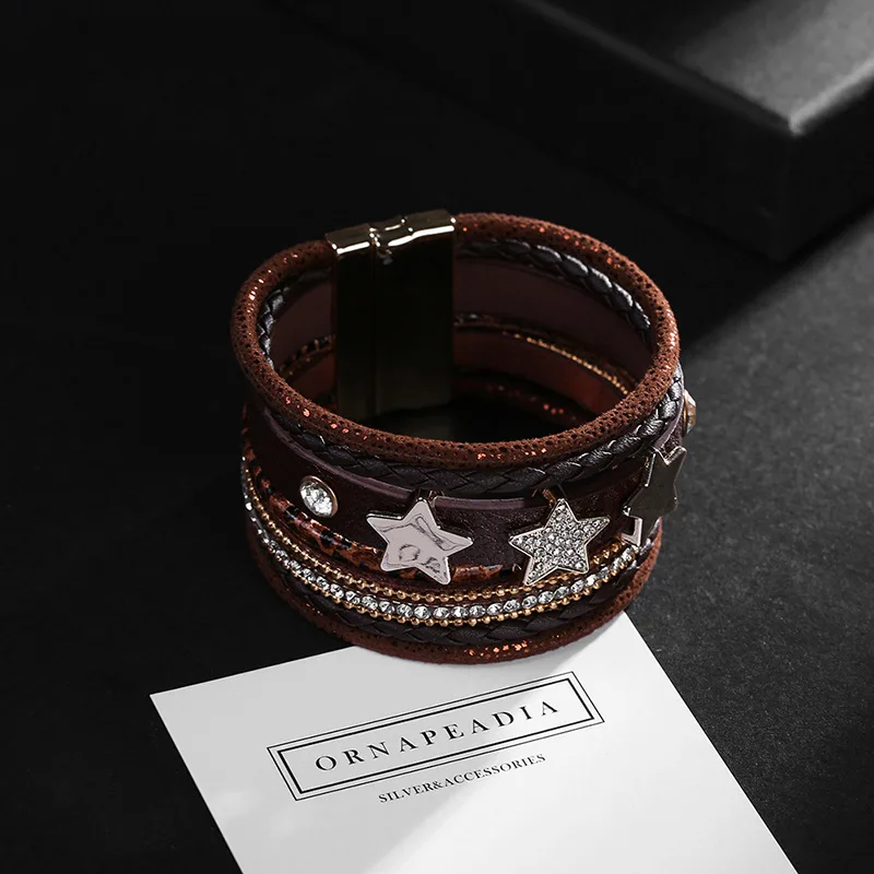 

ALLYES Bohemian Rhinestone Star Charm Bracelet for Women Fashion Multilayer Crystal Leather Wrap Bracelets Bangle Female Jewelry