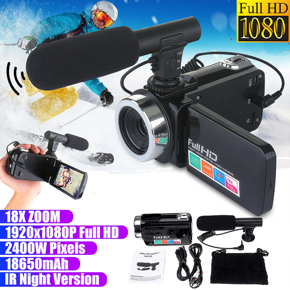 Профессиональная видеокамера 1080P HD ночного видения ЖК-дисплей 3 0 дюйма сенсорный