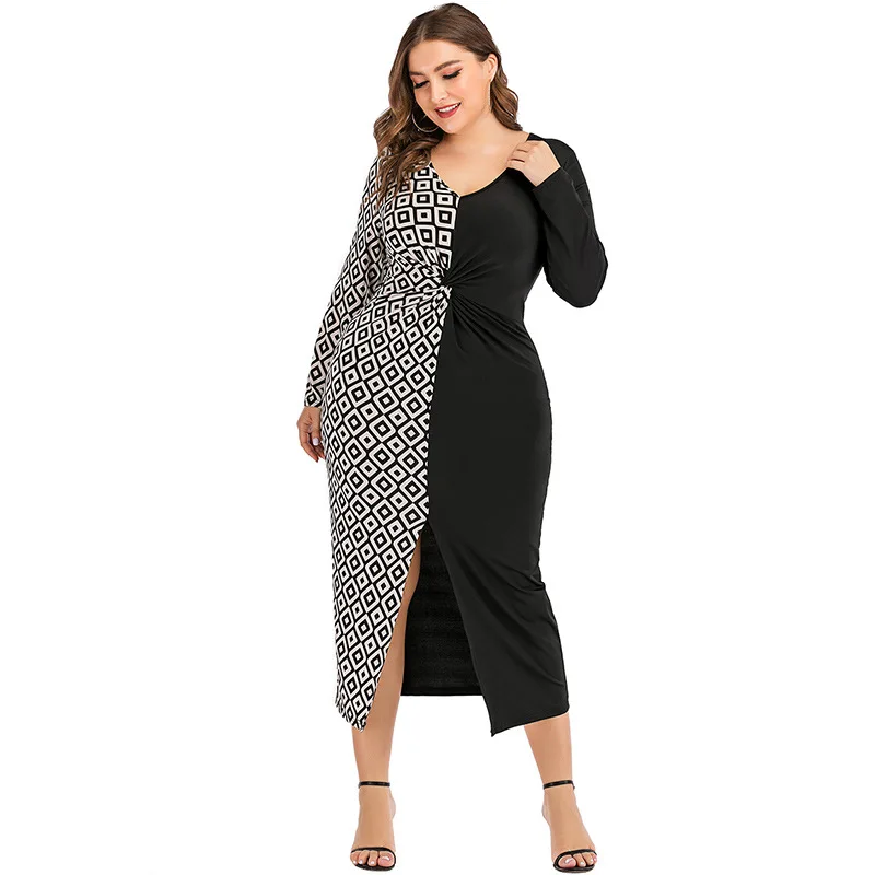 

Plus Size Dresses Spring 2021 Ladies Bodycon Dress Slit Print Geometric Pattern V Neck Long Sleeve Dress Midi Elegant Dress