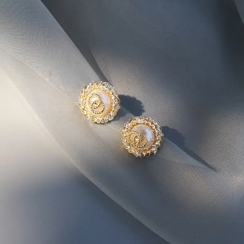 

Fashion Flash Rhinestone Round Gold/Silver Color Dangle Earrings Korean Retro pearl Earrings for Women 2020 Fashion Jewelry